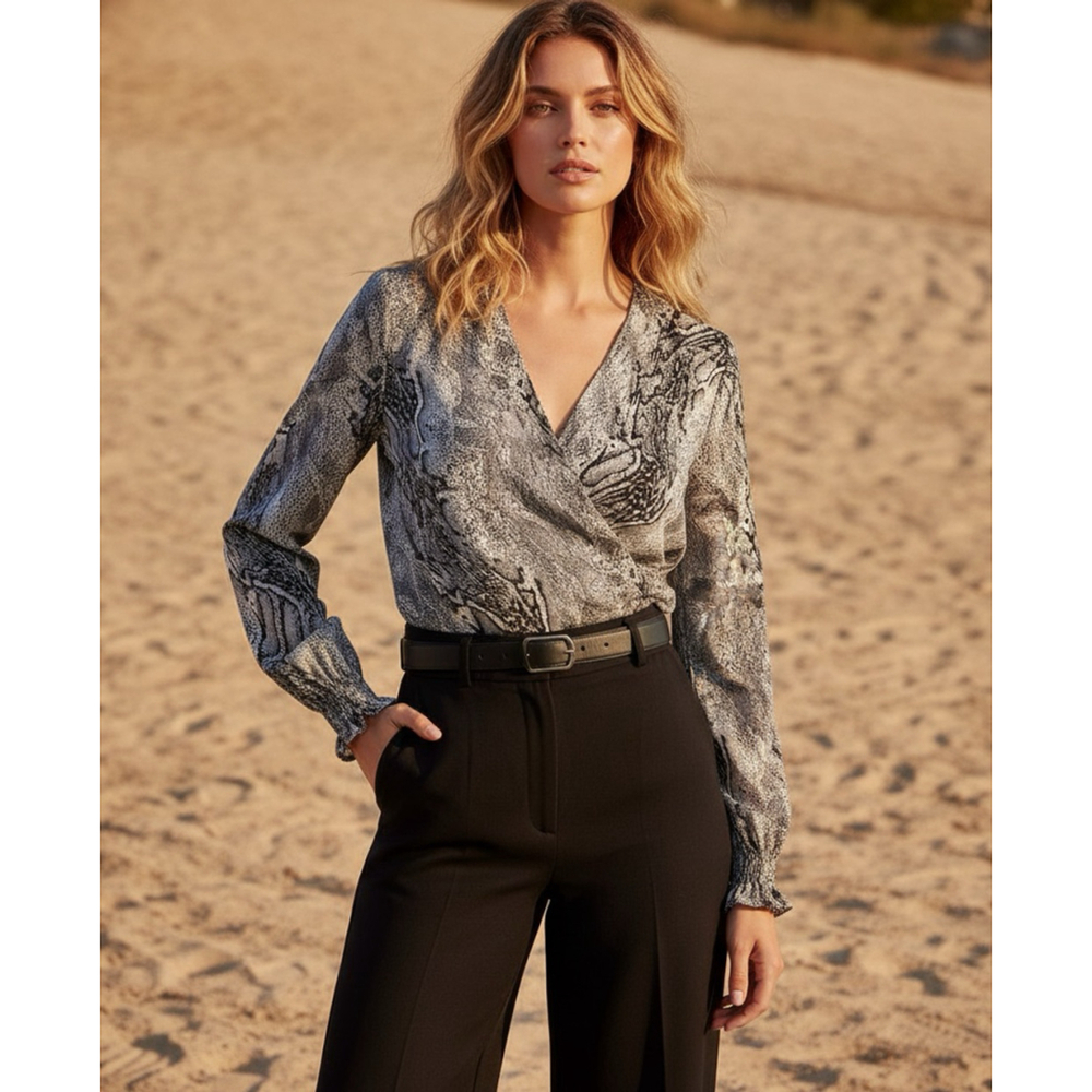 Marbled Surplice V-neckline Snake Print Wrap Blouse Size XL NWT